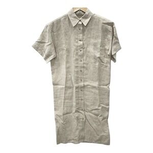 Talbots 100% Linen Button Front Midi Modest Dress Short Sleeve Sz 4P Tan VTG USA